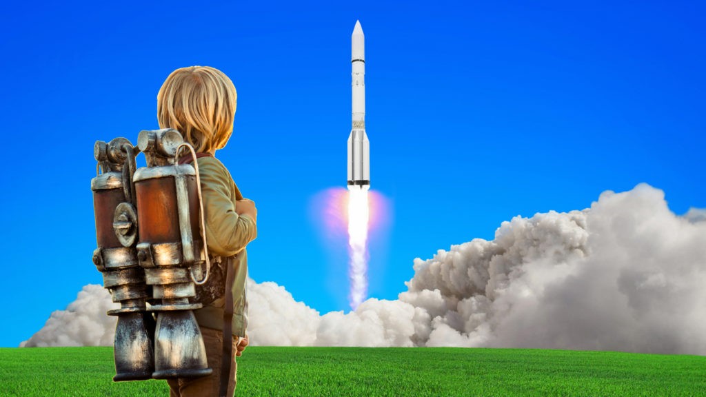 Boy watching rocket launch in a green field. Combination of science fiction and Midwestern United States elements.
